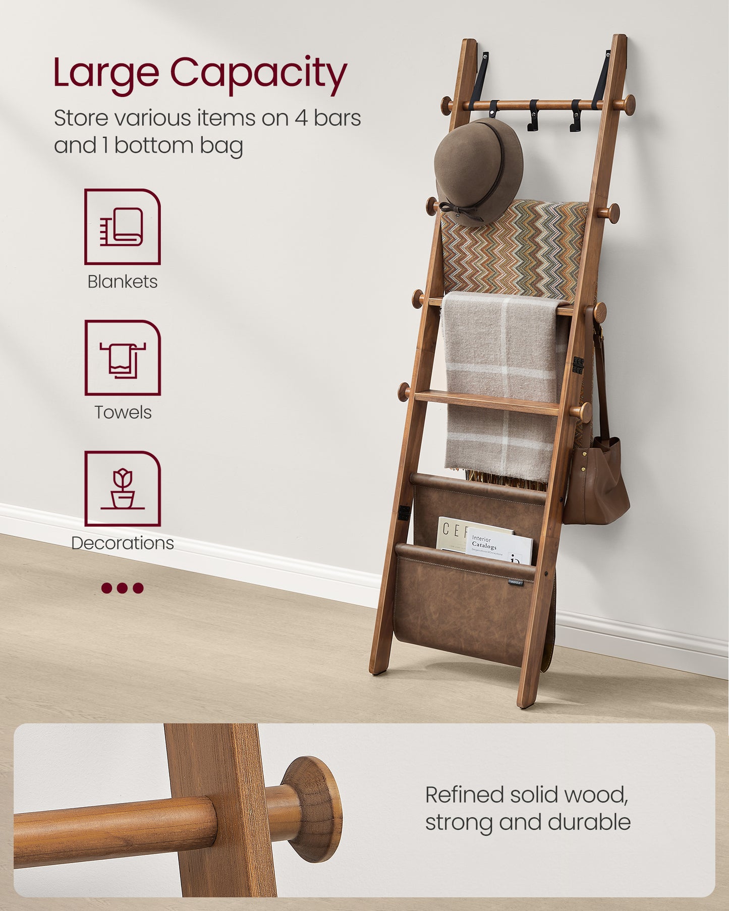 VASAGLE Blanket Ladder, 5-Tier Wooden Ladder Shelf, Decorative Farmhouse Blanket Rack with Synthetic Leather Bag, Metal Hooks, Caramel Brown