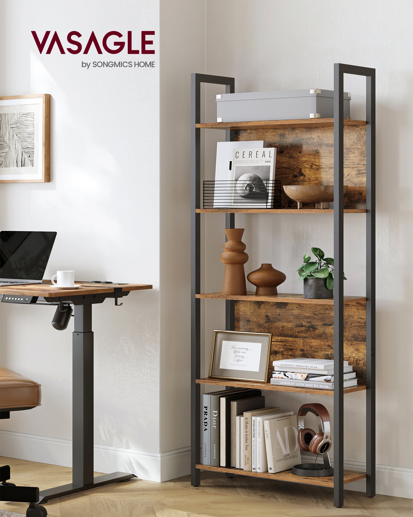 VASAGLE ALINRU Storage Shelf 5 Shelf Bookshelf Bookcase for Living Room Entryway Office Rustic Brown and Black