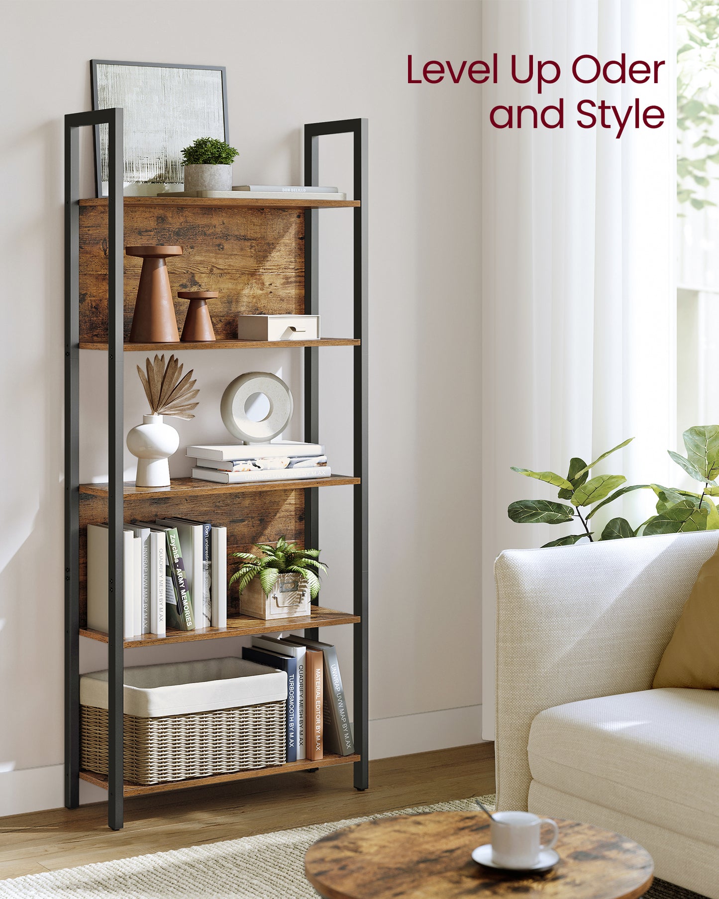 VASAGLE ALINRU Storage Shelf 5 Shelf Bookshelf Bookcase for Living Room Entryway Office Rustic Brown and Black