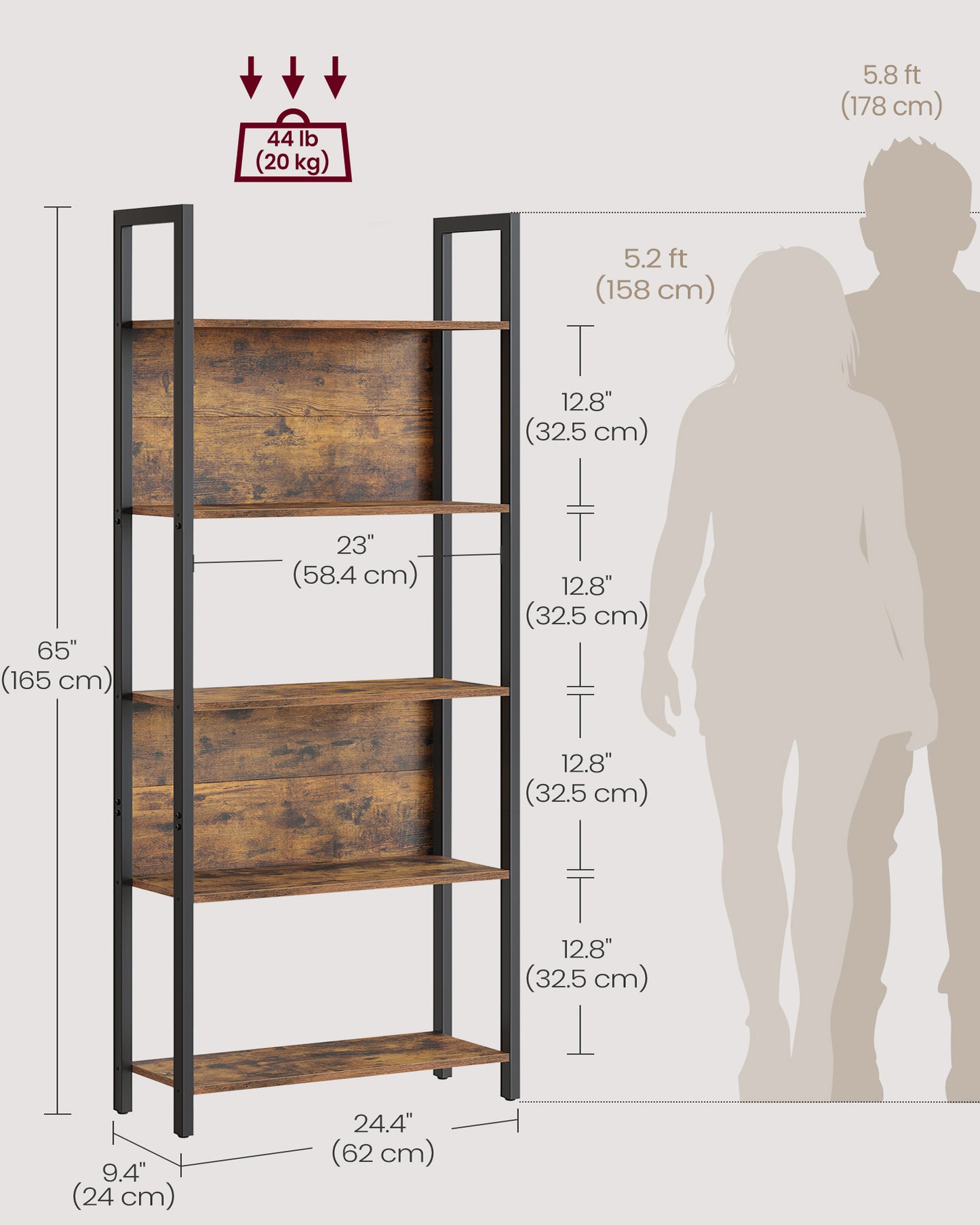 VASAGLE ALINRU Storage Shelf 5 Shelf Bookshelf Bookcase for Living Room Entryway Office Rustic Brown and Black