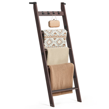 Blanket Ladder Shelf, 6-Tier Ladder Rack for Storage and Decor with 4 Removable Hooks, Decorative Farmhouse for The Living Room, Maroon Brown
