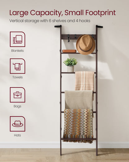 6-Tier Blanket Ladder with 4 Hooks, Rustic Farmhouse Storage Rack for Towels, Throws & Decor, Maroon Brown