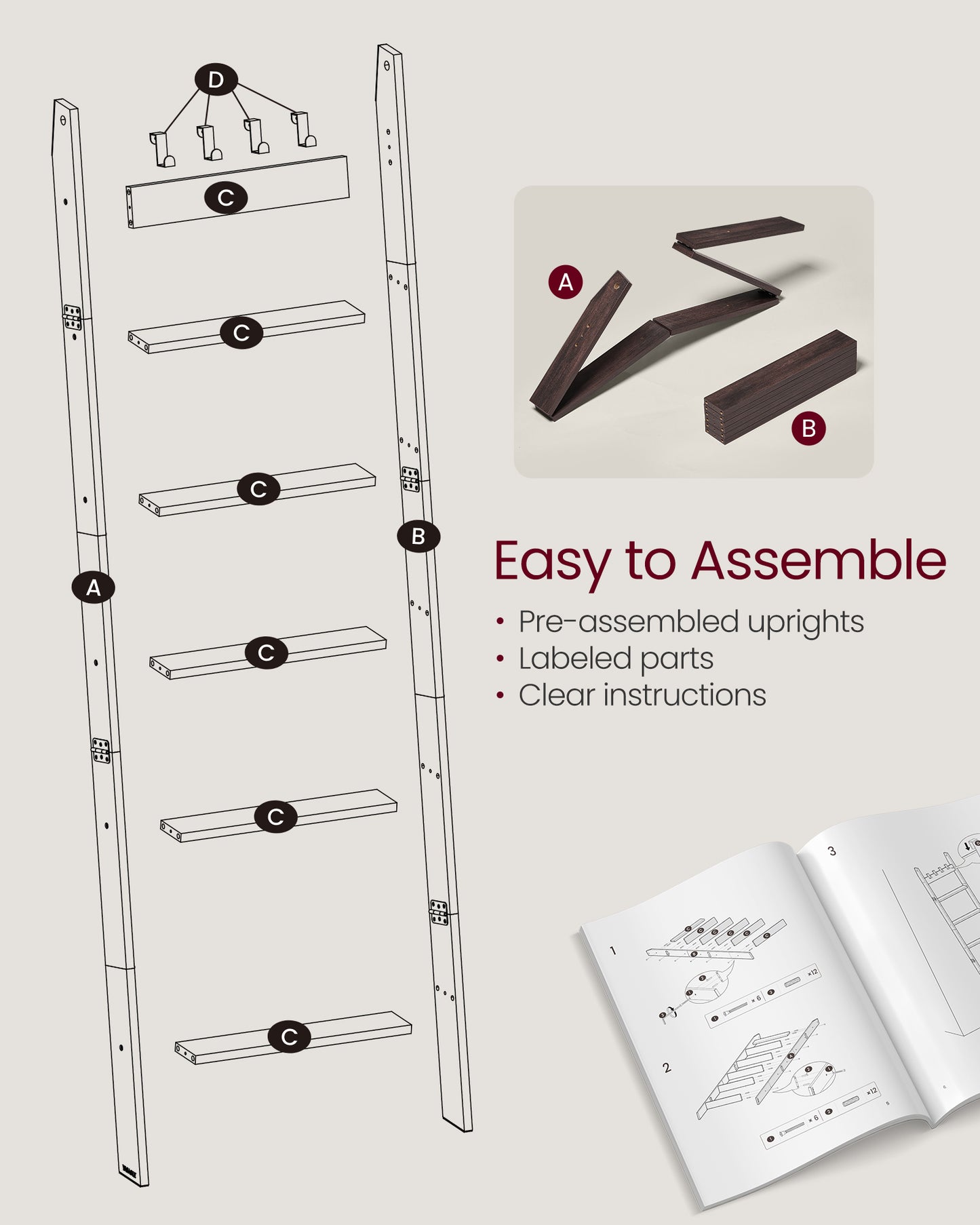 6-Tier Blanket Ladder with 4 Hooks, Rustic Farmhouse Storage Rack for Towels, Throws & Decor, Maroon Brown