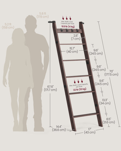 6-Tier Blanket Ladder with 4 Hooks, Rustic Farmhouse Storage Rack for Towels, Throws & Decor, Maroon Brown