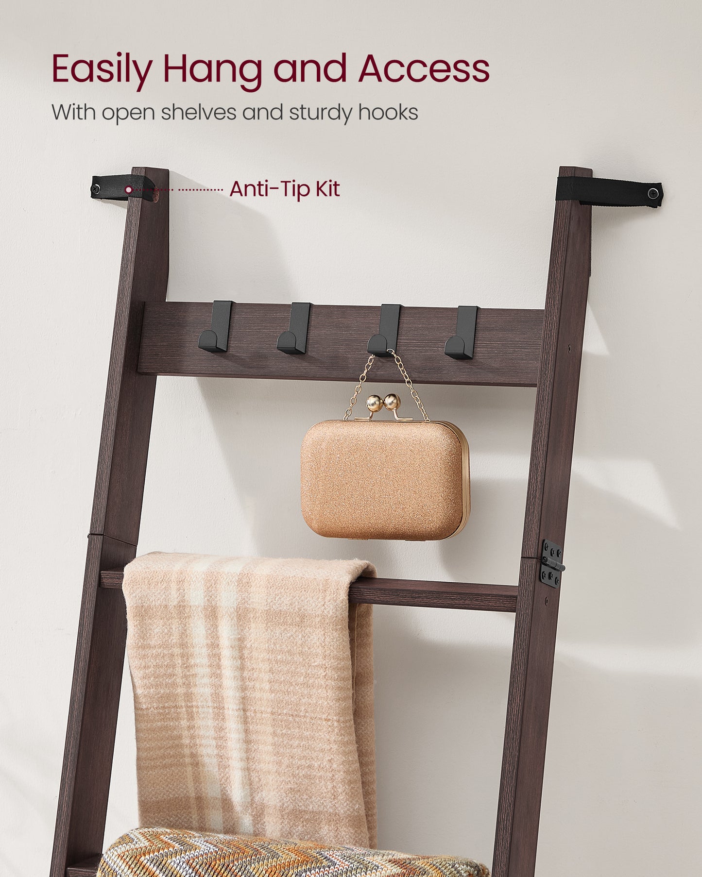 6-Tier Blanket Ladder with 4 Hooks, Rustic Farmhouse Storage Rack for Towels, Throws & Decor, Maroon Brown