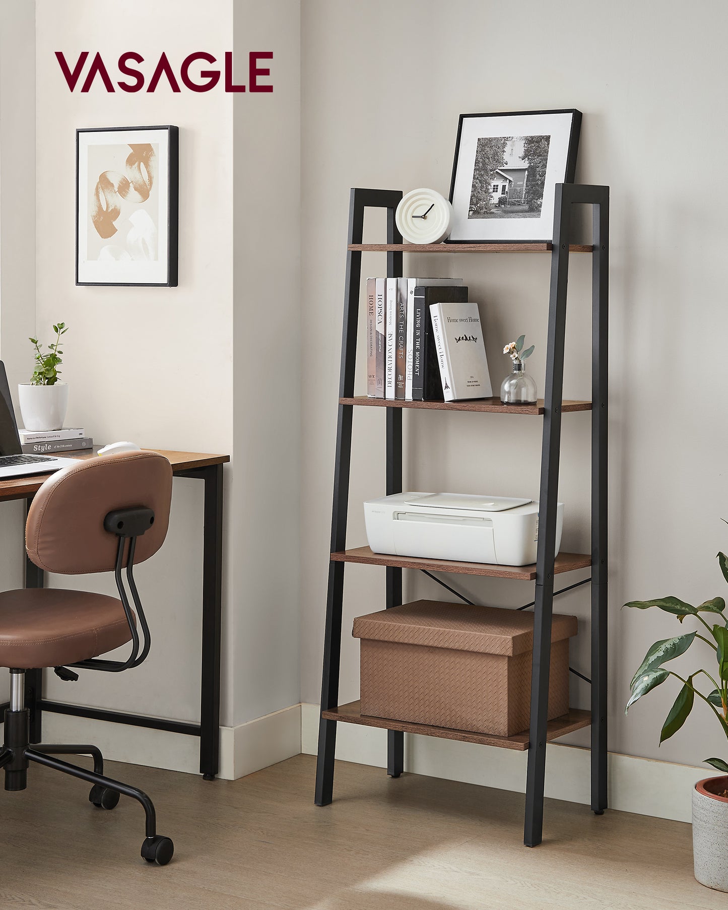 VASAGLE Ladder Shelf Bookshelf Bookcase with Steel Frame Storage Rack Brown