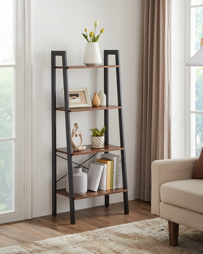 VASAGLE Ladder Shelf Bookshelf Bookcase with Steel Frame Storage Rack Brown