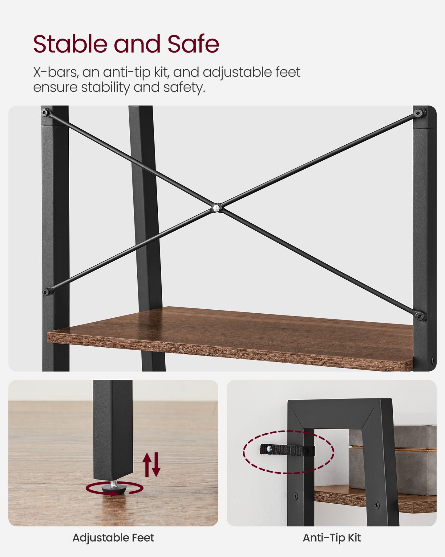 VASAGLE Ladder Shelf Bookshelf Bookcase with Steel Frame Storage Rack Brown