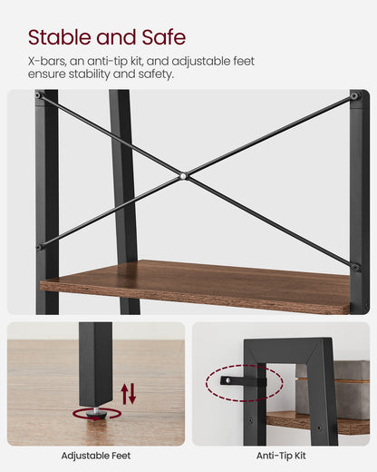 VASAGLE Ladder Shelf Bookshelf Bookcase with Steel Frame Storage Rack Brown