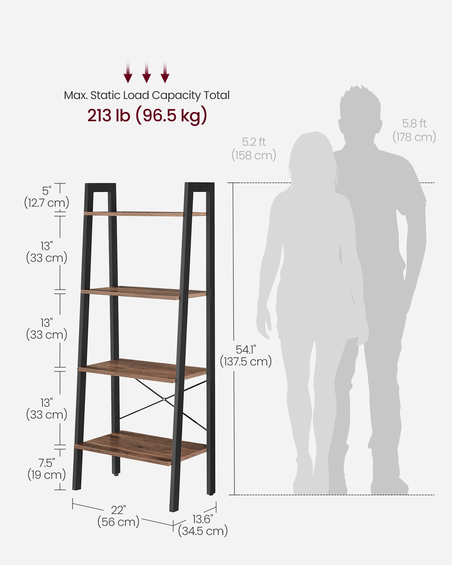 VASAGLE Ladder Shelf Bookshelf Bookcase with Steel Frame Storage Rack Brown