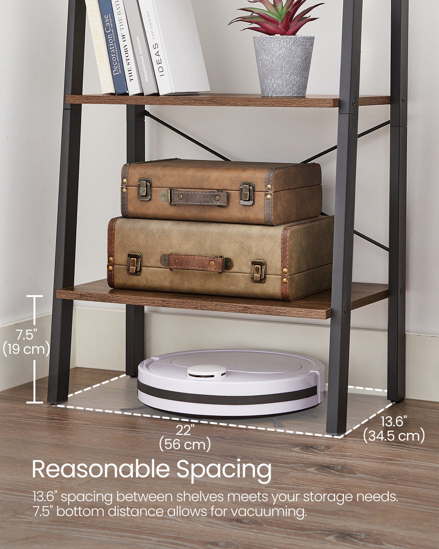 VASAGLE Ladder Shelf Bookshelf Bookcase with Steel Frame Storage Rack Brown