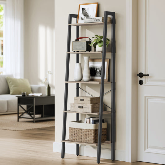 Ladder Shelf, 5-Tier Bookshelf, Storage Rack, Bookcase with Steel Frame, for Living Room Home Office, Kitchen, Bedroom, Industrial Style, Camel Brown + Black