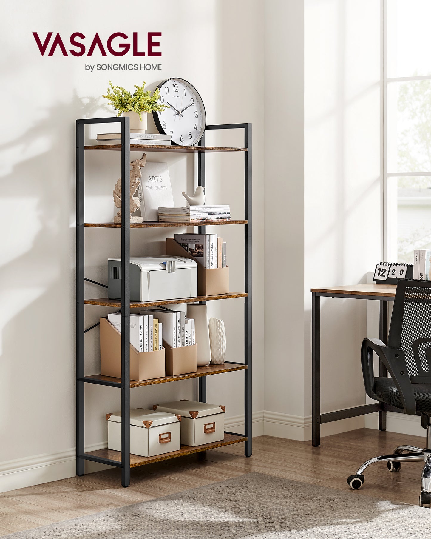VASAGLE 5-Tier Storage Rack Bookshelf Bookcase 11.8 x 26.0 x 60.6 Inches Rustic Brown and Black