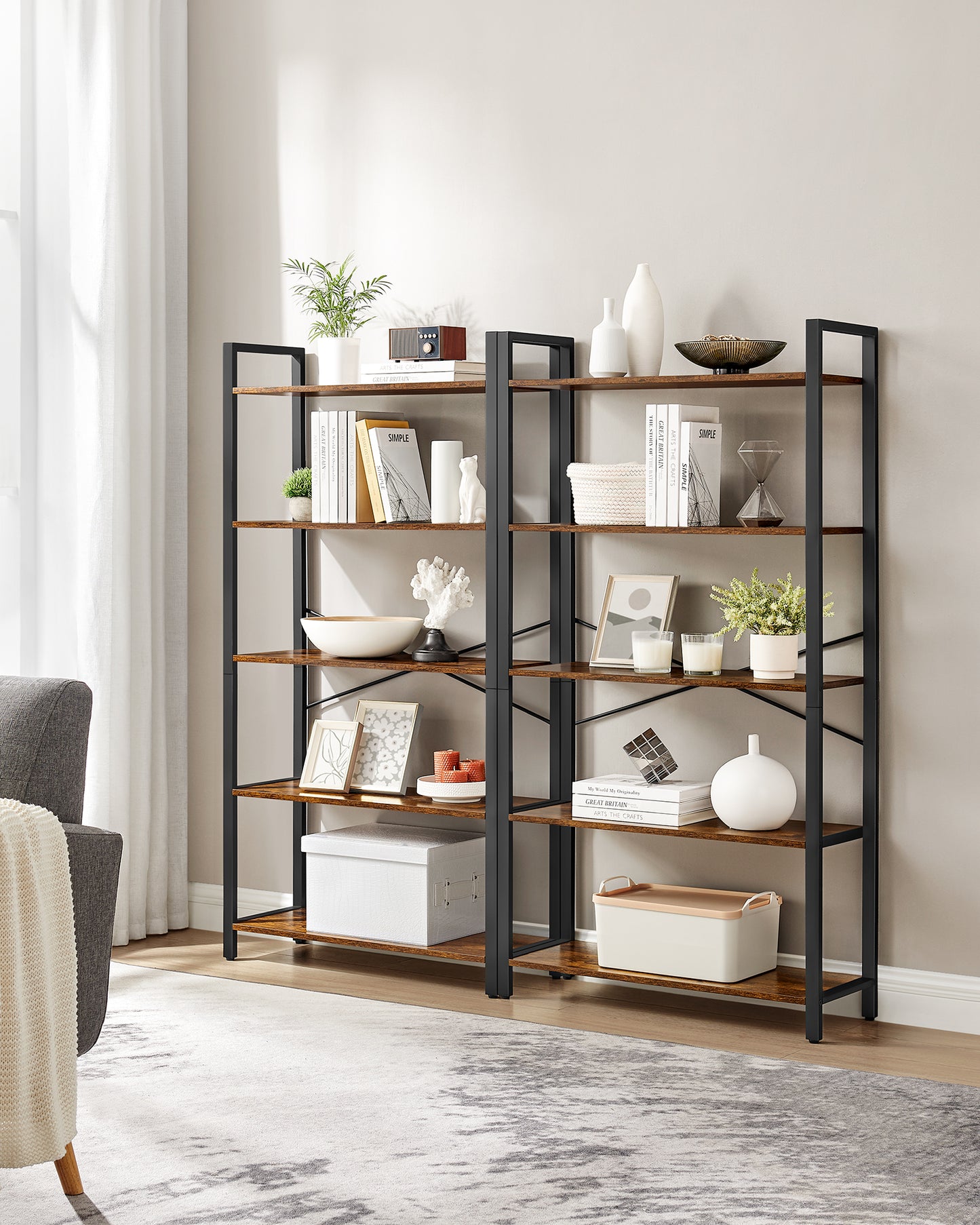 VASAGLE 5-Tier Storage Rack Bookshelf Bookcase 11.8 x 26.0 x 60.6 Inches Rustic Brown and Black