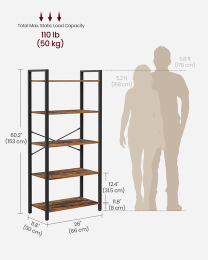 5-Tier Tall Bookshelf, Bookcase with Steel Frame, Book Shelf for Living Room, Home Office, Study, 11.8 x 26 x 60 Inches, Industrial Style