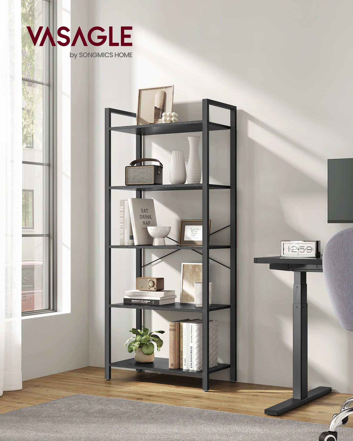 5-Tier Tall Bookshelf, Bookcase with Steel Frame, Book Shelf for Living Room, Home Office, Study, 11.8 x 26 x 60 Inches, Industrial Style