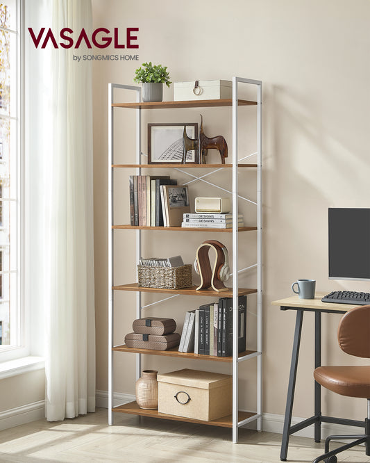 6 - Tier Industrial Style Large Bookcase - Steel Frame. Deep shelves, 11.8" x 31.5" x 73.2", Honey Brown & Matte White.