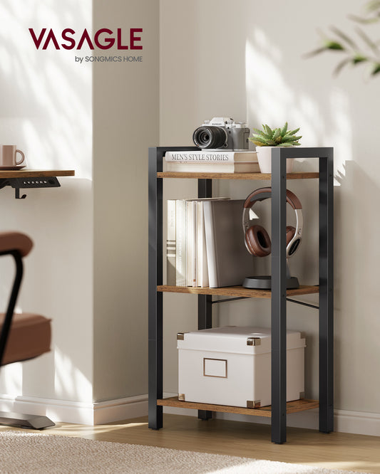 3-Tier Industrial Bookshelf with Sturdy Steel Frame, Rustic Brown & Ink Black - 9.4 x 15.7 x 30.1 Inches, Multi-Functional Storage Shelf