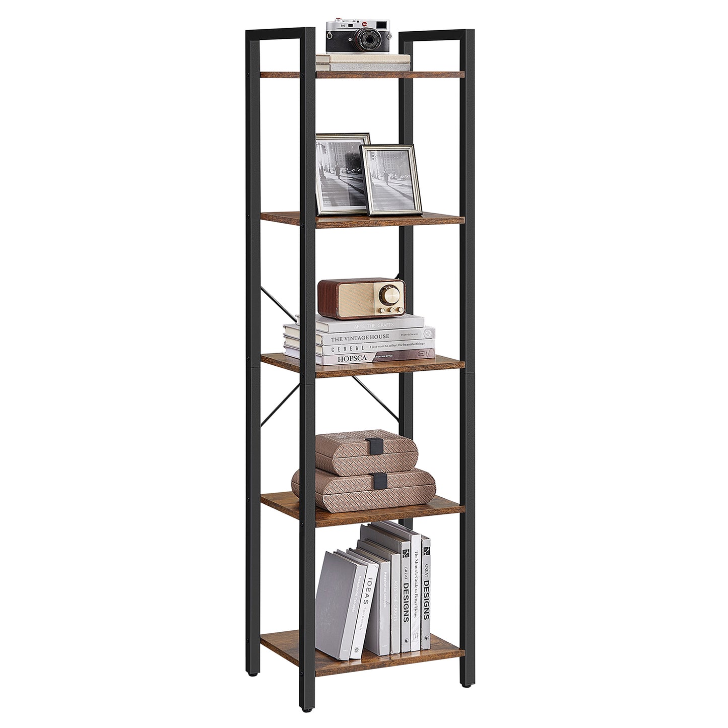 VASAGLE Bookshelf, Bookcase, 5-Tier Storage Shlef Rack with Steel Frame, Greige and Black