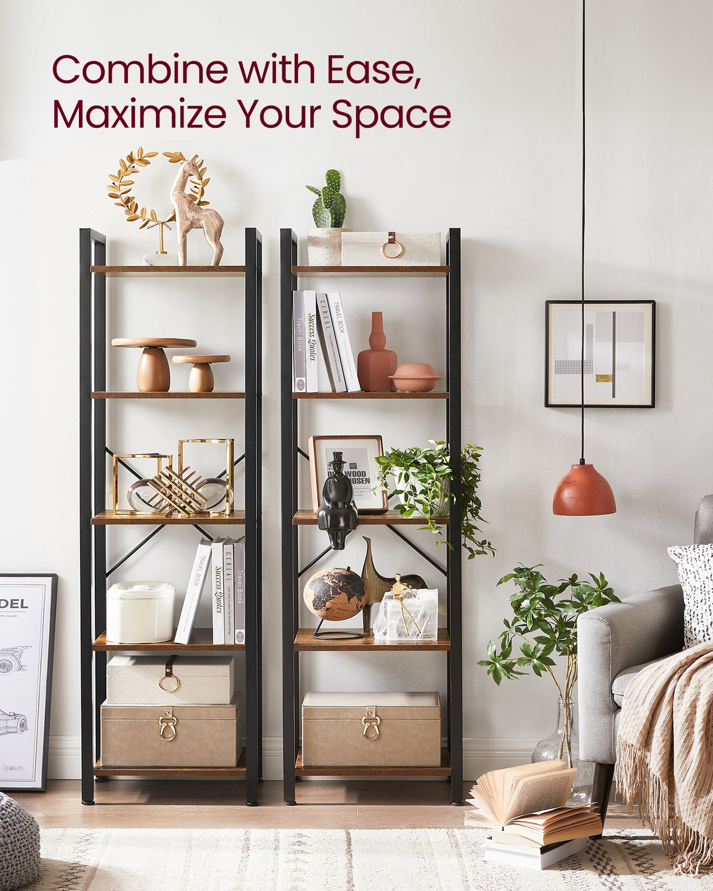 VASAGLE Tier Bookshelf, Bookcase, Storage Unit with 5 Shelves, 11.8 x 15.6 x 60.6 inches Rustic Brown