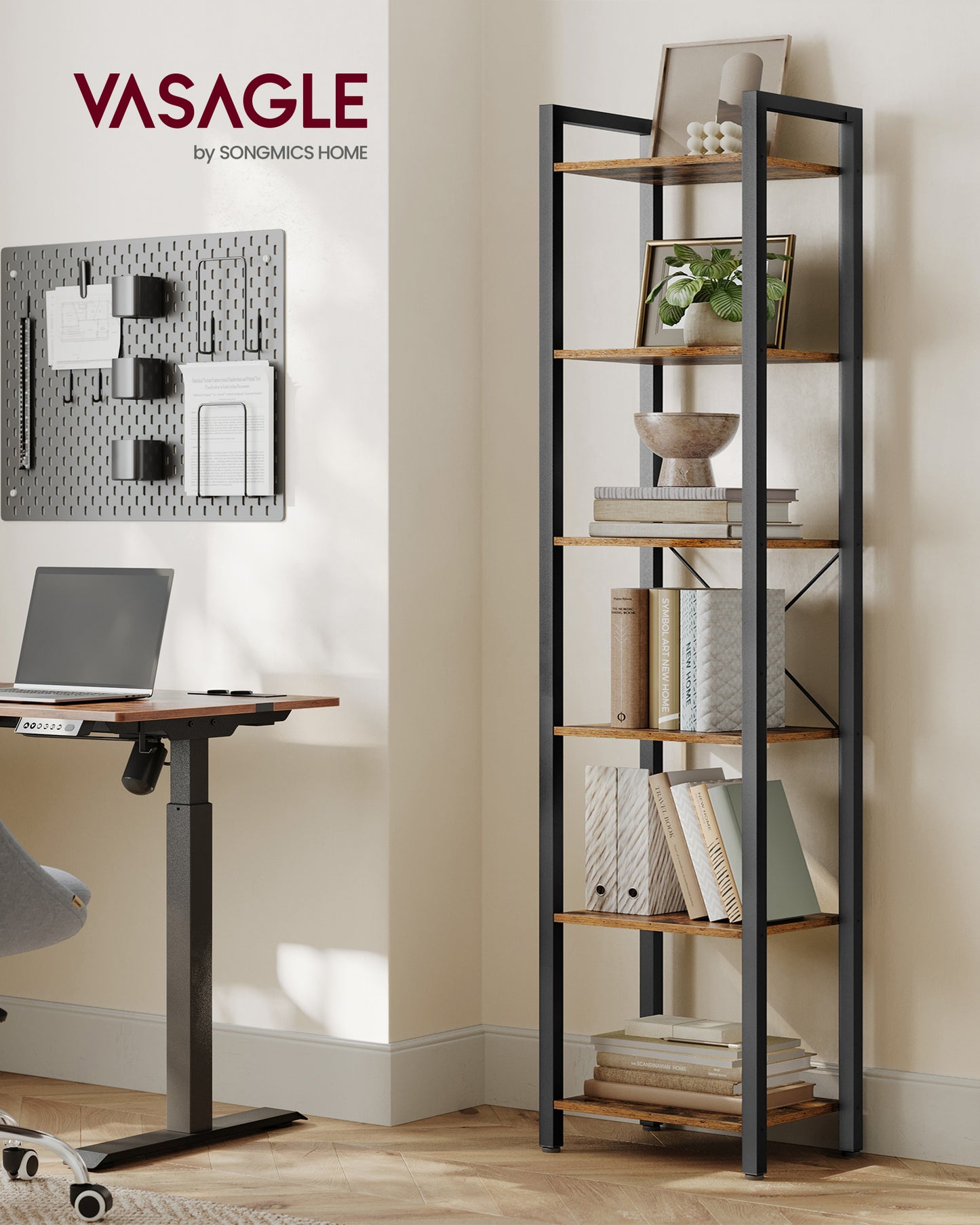 VASAGLE Storage Rack 6-Tier Tall Bookshelf Bookcase Display Shelves 11.8 x 15.7 x 73.8 Inches Rustic Brown and Black