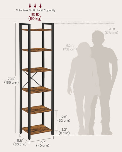 VASAGLE Storage Rack 6-Tier Tall Bookshelf Bookcase Display Shelves 11.8 x 15.7 x 73.8 Inches Rustic Brown and Black