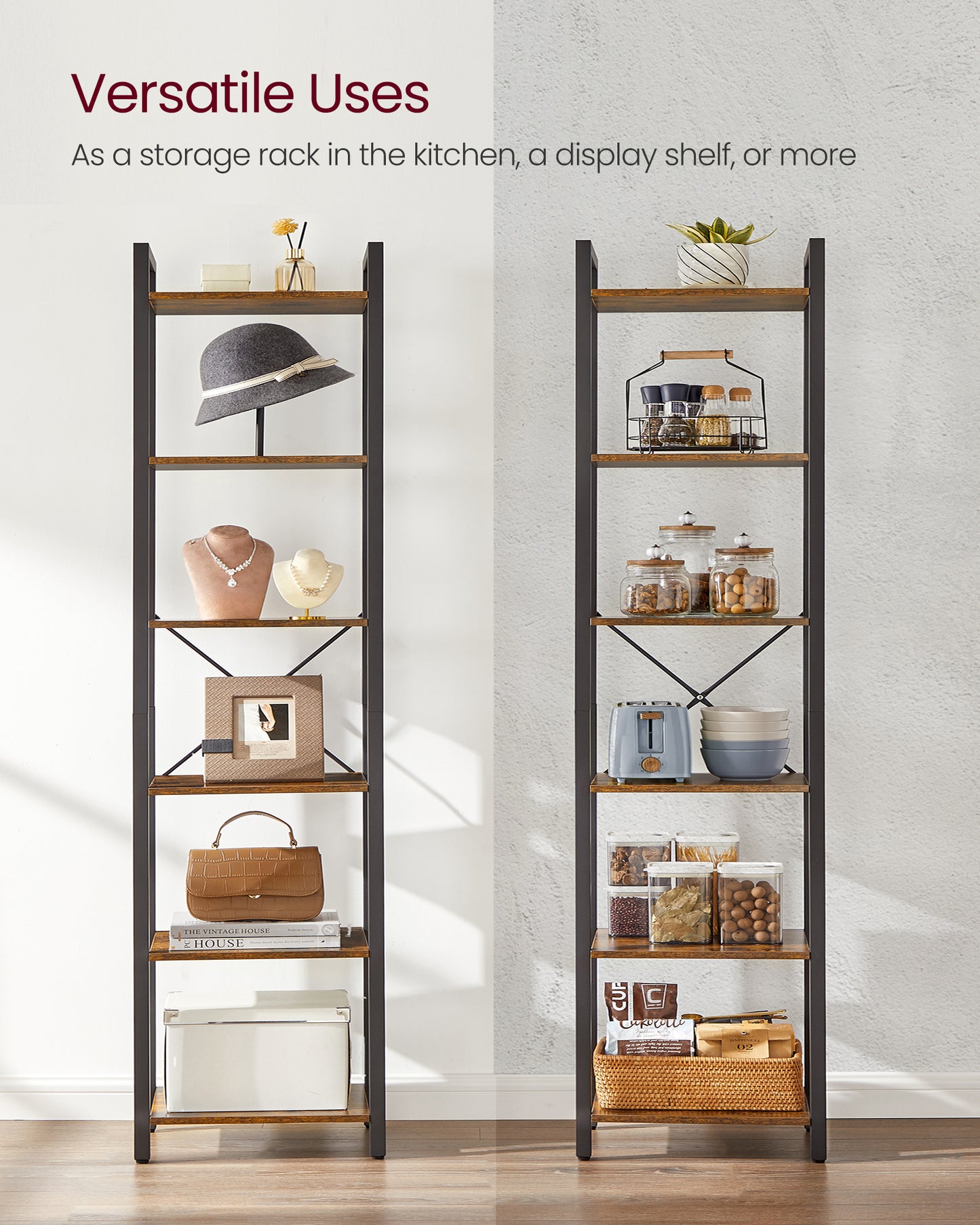 VASAGLE Storage Rack 6-Tier Tall Bookshelf Bookcase Display Shelves 11.8 x 15.7 x 73.8 Inches Rustic Brown and Black