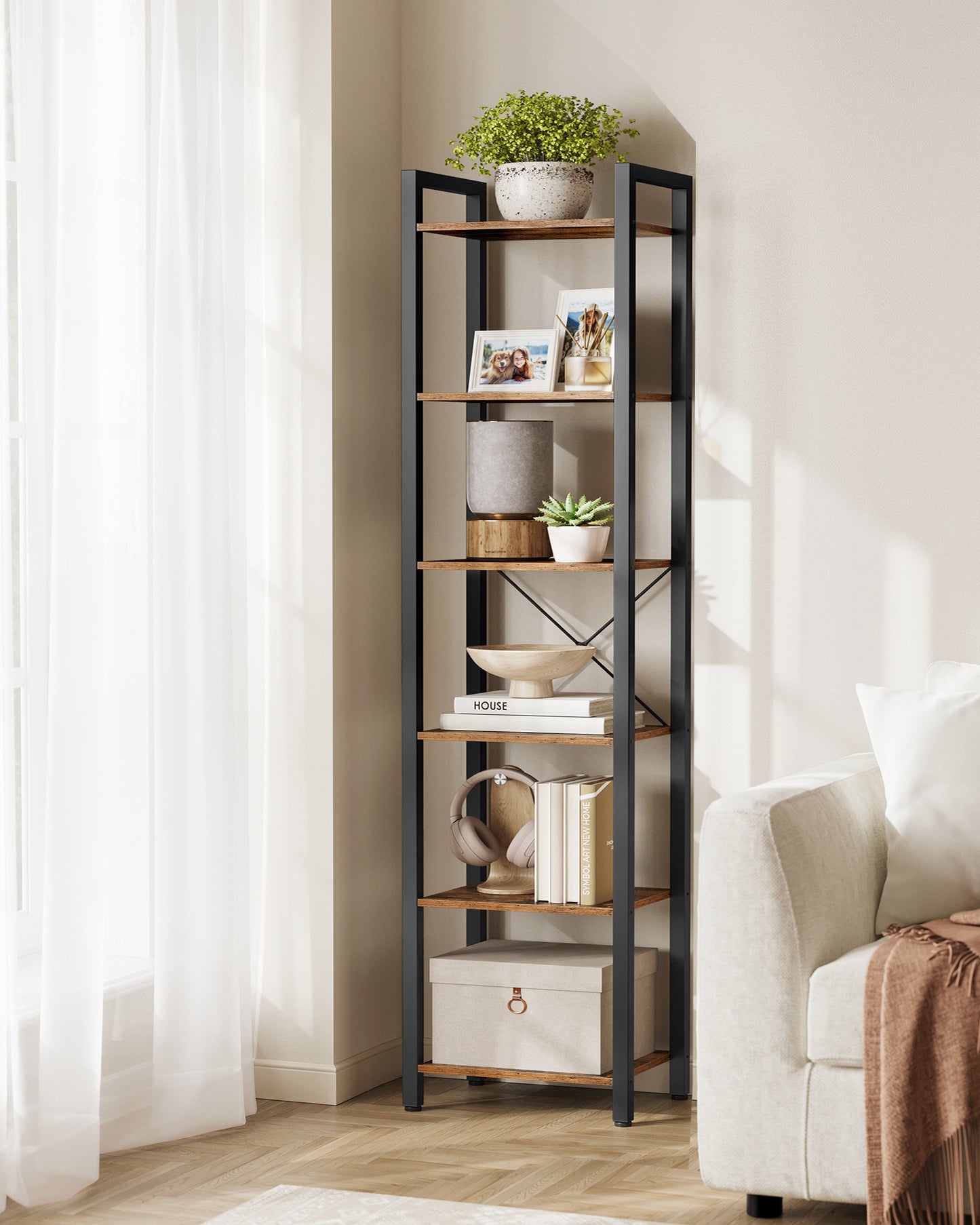 VASAGLE Storage Rack 6-Tier Tall Bookshelf Bookcase Display Shelves 11.8 x 15.7 x 73.8 Inches Rustic Brown and Black