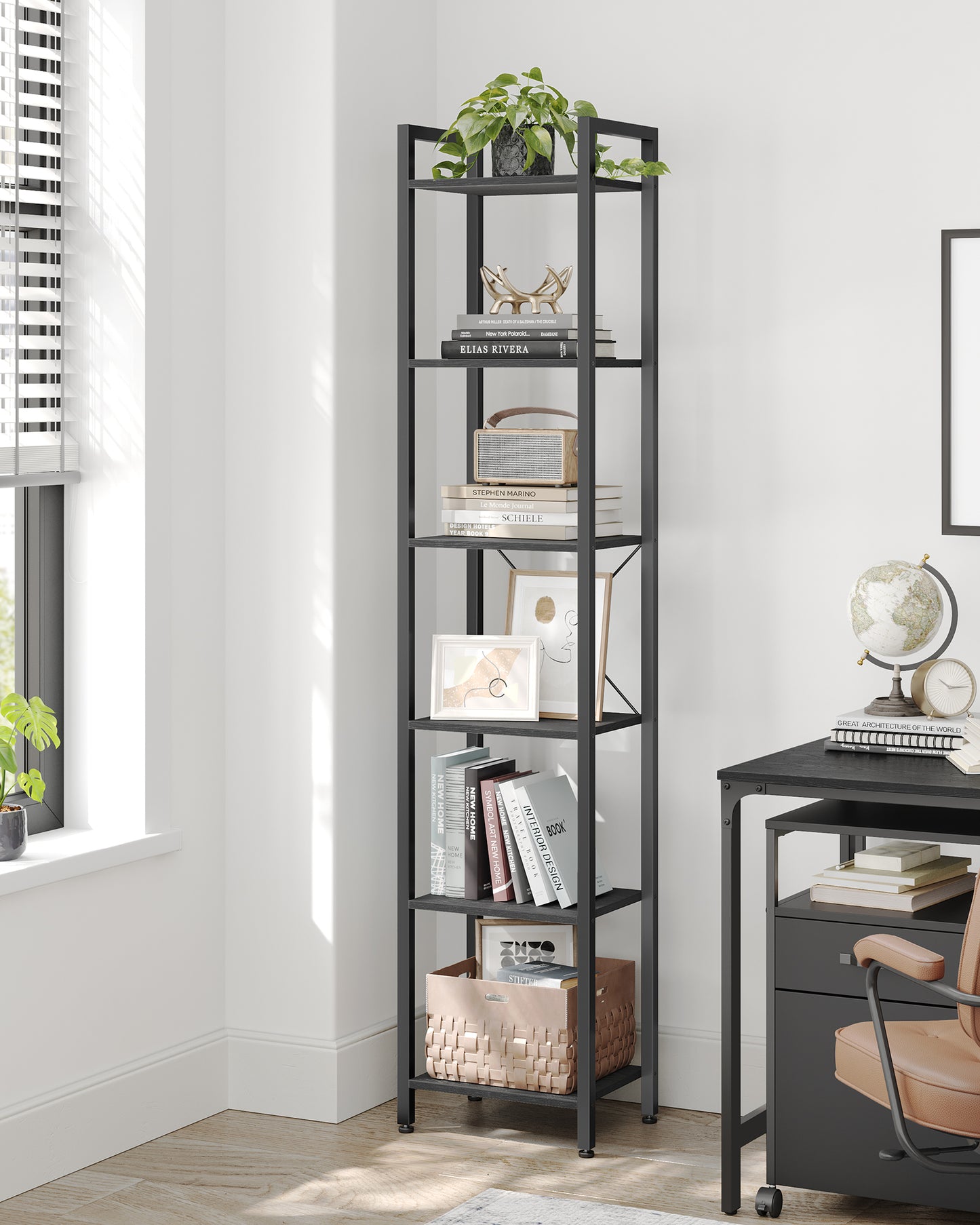 6-Tier Bookshelf, Black Modern Bookcase, Shelving Unit, for Office, Study, Living Room