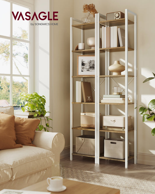 6 - Tier Narrow Industrial Bookshelf with Steel Frame - 11.8" x 15.7" x 73.8". for Living Room, Home Office & Study. Honey Brown & Cloud White.