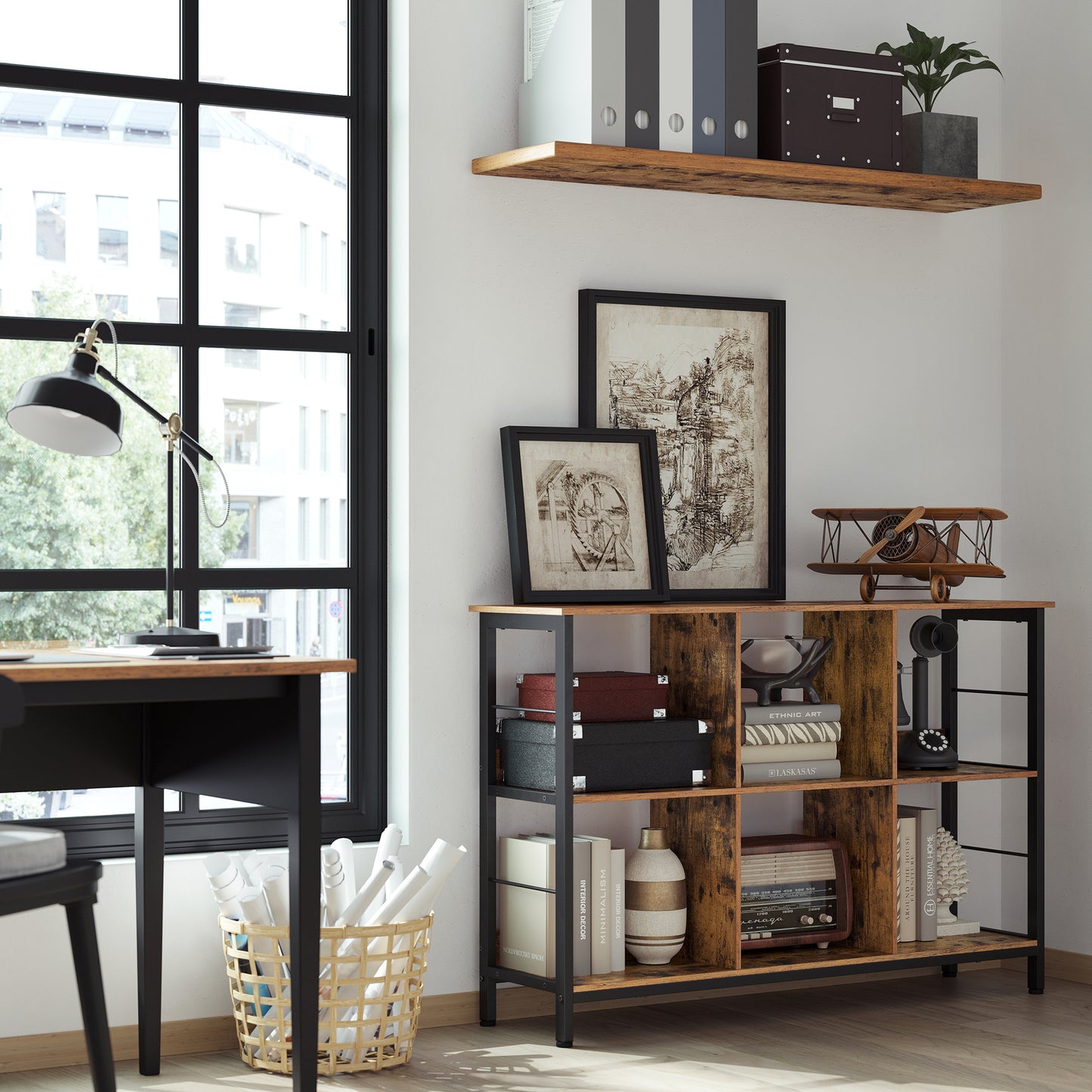 Rustic Brown and Black Bookshelf with an Industrial Design. Cube Shelf, Console Table, and TV Stand featuring 6 Storage Cubes,13 x 47.2 x 31.5 Inches
