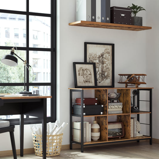 Rustic Brown and Black Bookshelf with an Industrial Design. Cube Shelf, Console Table, and TV Stand featuring 6 Storage Cubes,13 x 47.2 x 31.5 Inches