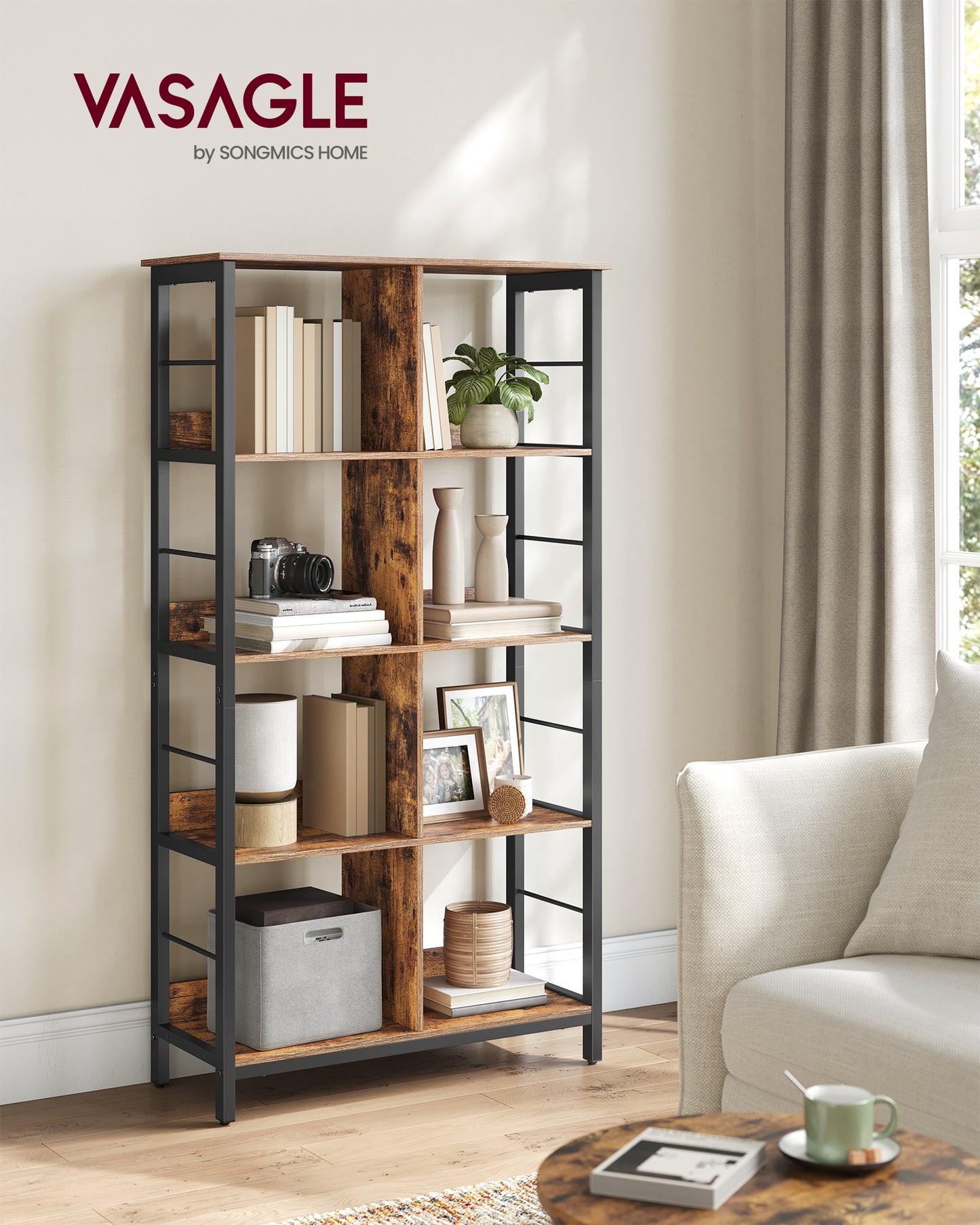 Industrial 8-Compartment Bookshelf 4-Tier Bookcase with 8 Open Slots Display Storage Rack for Office Living Room Bedroom 31.5 x 13 x 58.7 Inches, Rustic Brown and Black