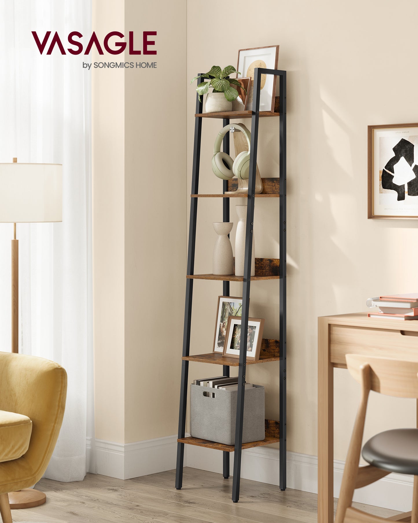 5-Tier Narrow Bookshelf, Ladder Shelf for Home Office, Living Room, Bedroom, Kitchen