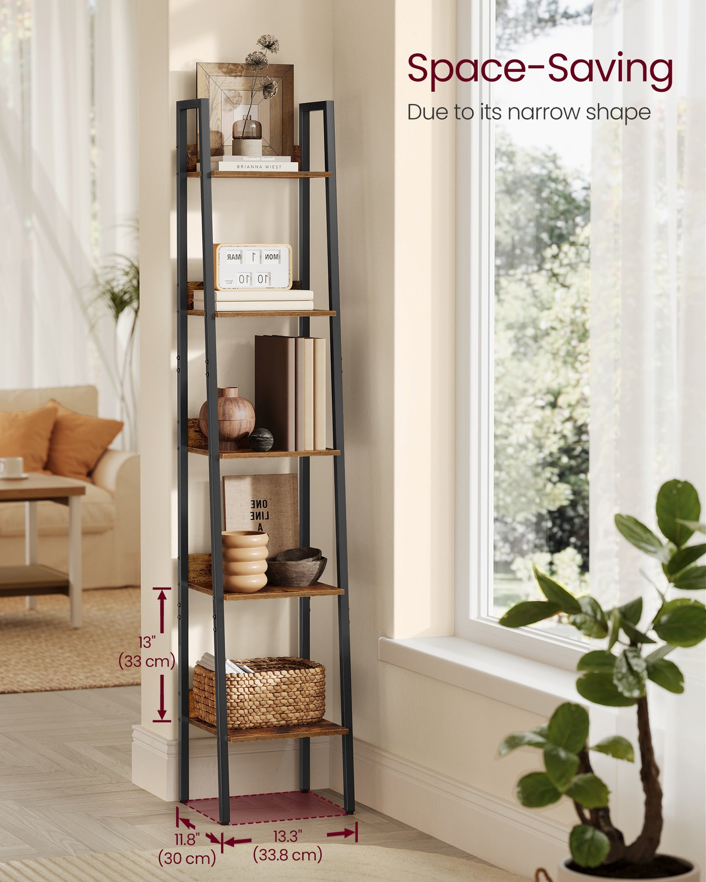 5-Tier Narrow Bookshelf, Ladder Shelf for Home Office, Living Room, Bedroom, Kitchen
