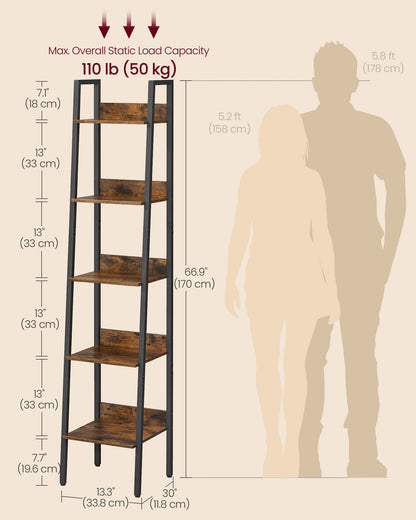 VASAGLE Bookshelf, 5-Tier Bookcase, Ladder Shelf for Home Office, Living Room, Bedroom, Kitchen, Rustic Brown and Matte Black