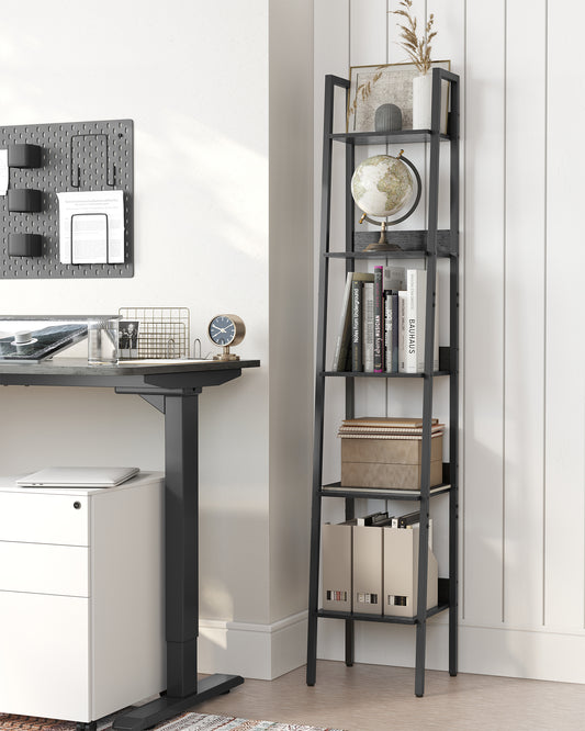 Bookshelf, 5-Tier Narrow Book Shelf, 11.8 x 13.3 x 66.9 Inches, Ladder Shelf for Home Office, Living Room, Bedroom, Kitchen, Ebony Black and Ink Black