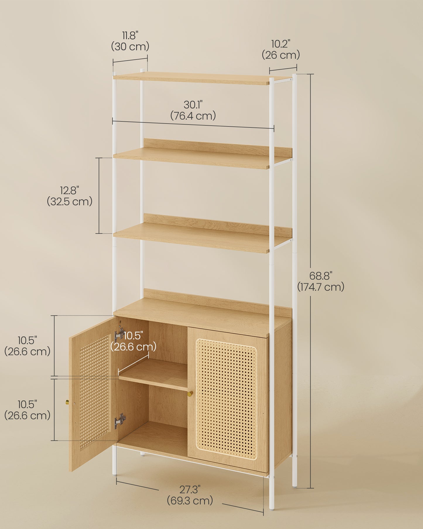 6-Tier Shelf Rack, Bookshelf with Door, Freestanding 30.1-Inch Wide Storage Shelf for Home, Beige