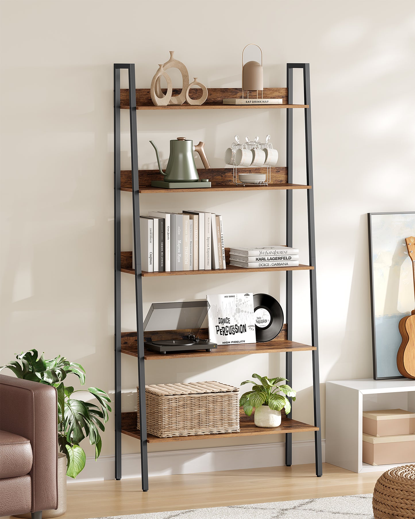 5-Tier Bookcase, Extra Wide Ladder Shelf for Home Office, Living Room, Bedroom