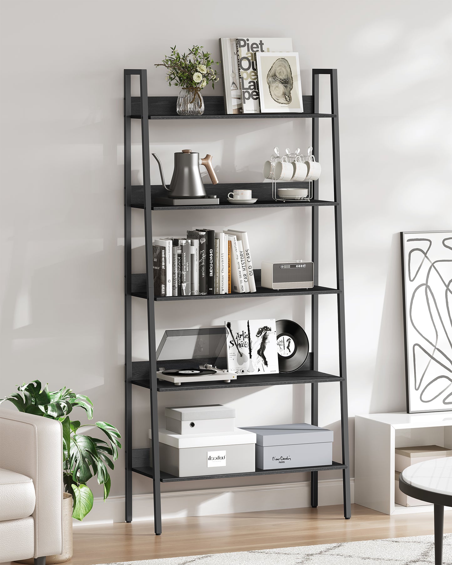 5-Tier Bookcase, Extra Wide Ladder Shelf for Home Office, Living Room, Bedroom, Black