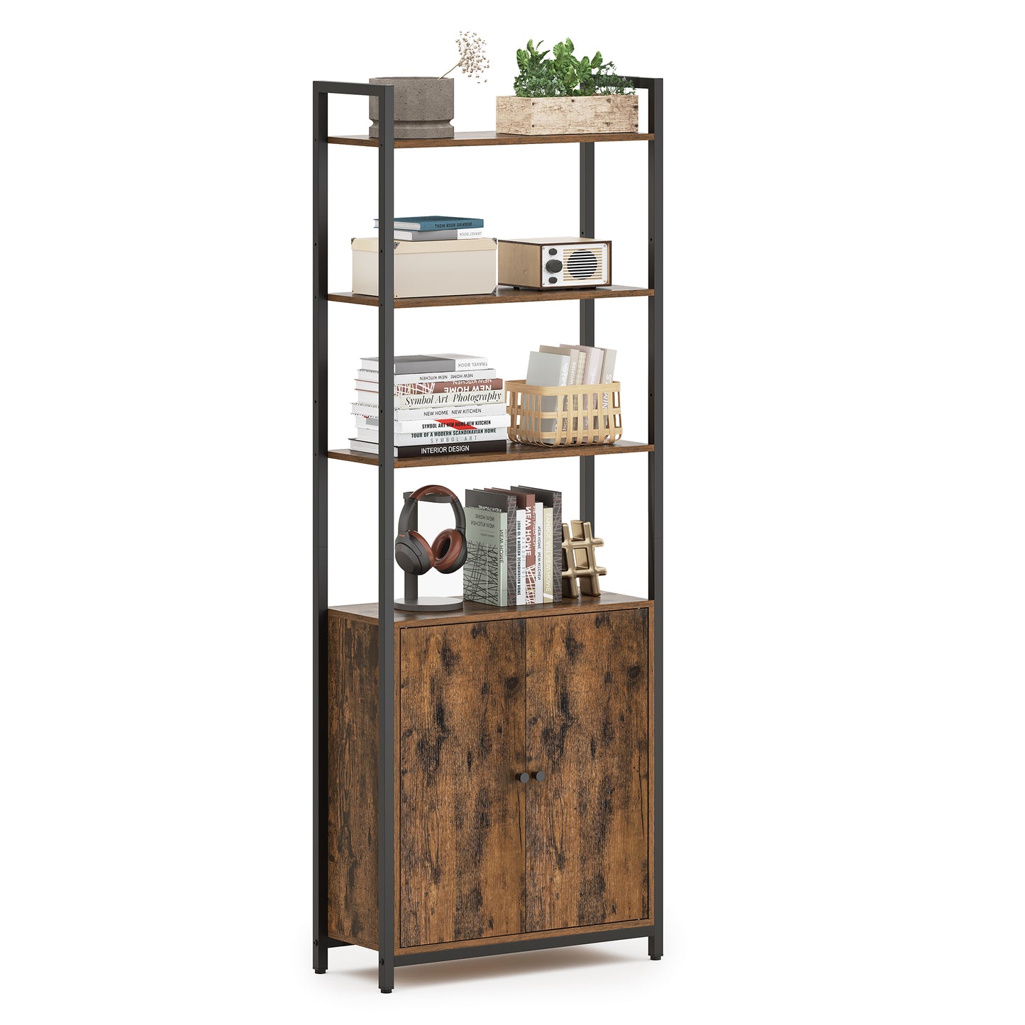 6-Tier Bookshelf, 62.8'' Extra Tall Bookcase with Door, Adjustable Shelves, Brown