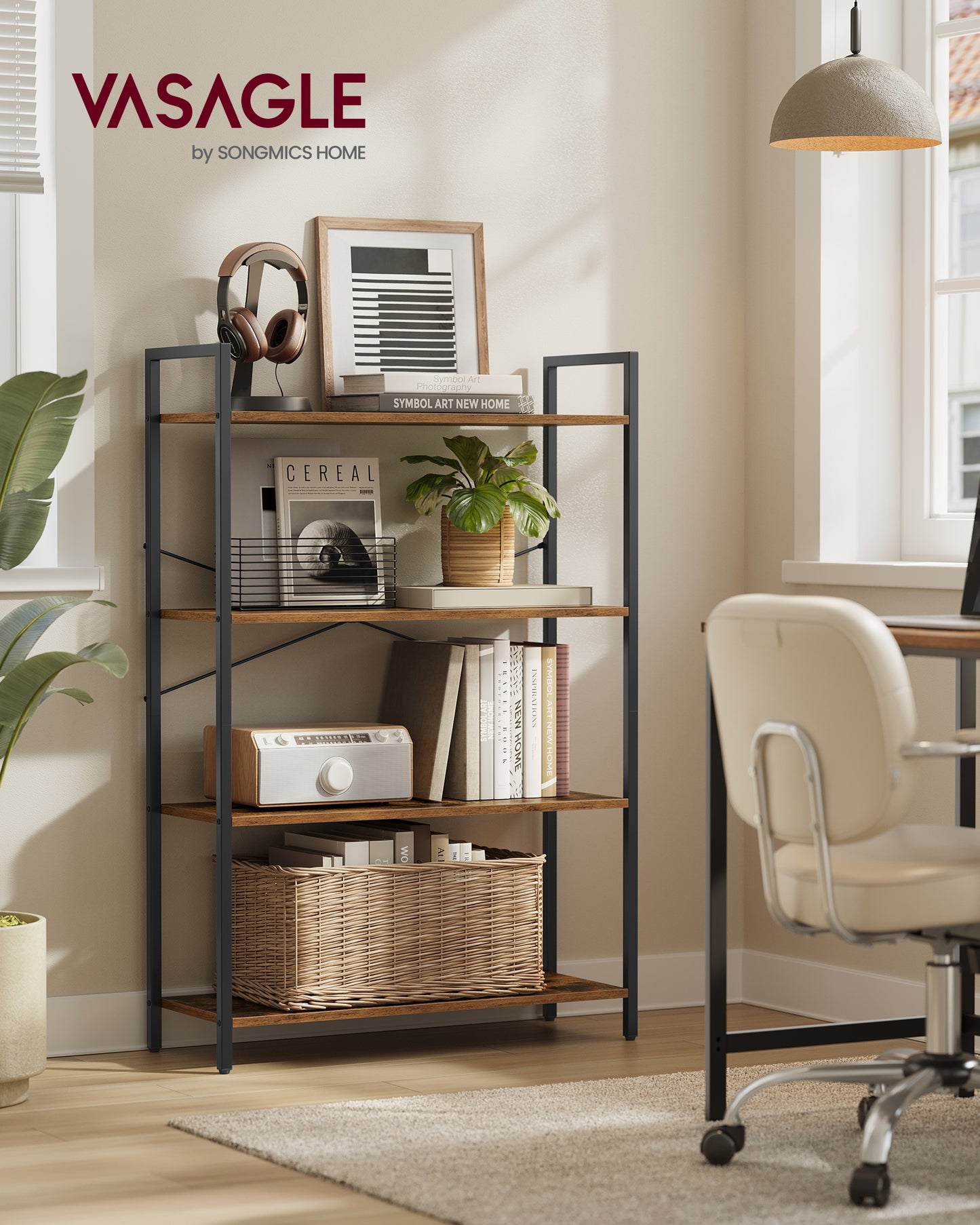 4 - Tier Industrial - Style Tall Bookshelf. Measures 11.8 x 31.5 x 47 inches. Perfect for living rooms, home offices,Honey Brown and Black