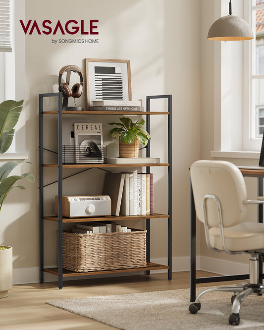 4 - Tier Industrial - Style Tall Bookshelf. Measures 11.8 x 31.5 x 47 inches. Perfect for living rooms, home offices,Honey Brown and Black