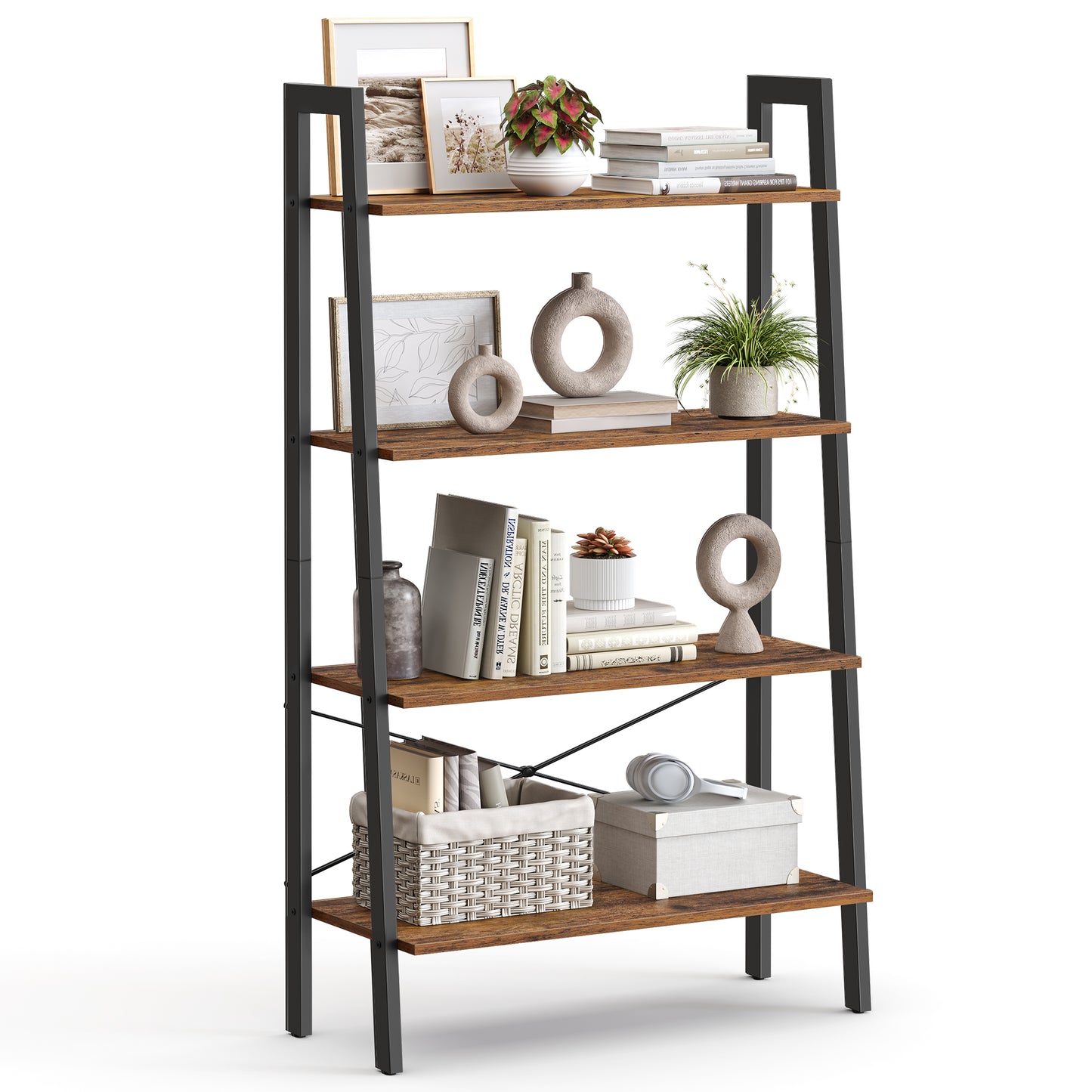 VASAGLE Ladder Shelf, 4-Tier Bookshelf, Storage Rack, Bookcase with Steel Frame, Industrial Style