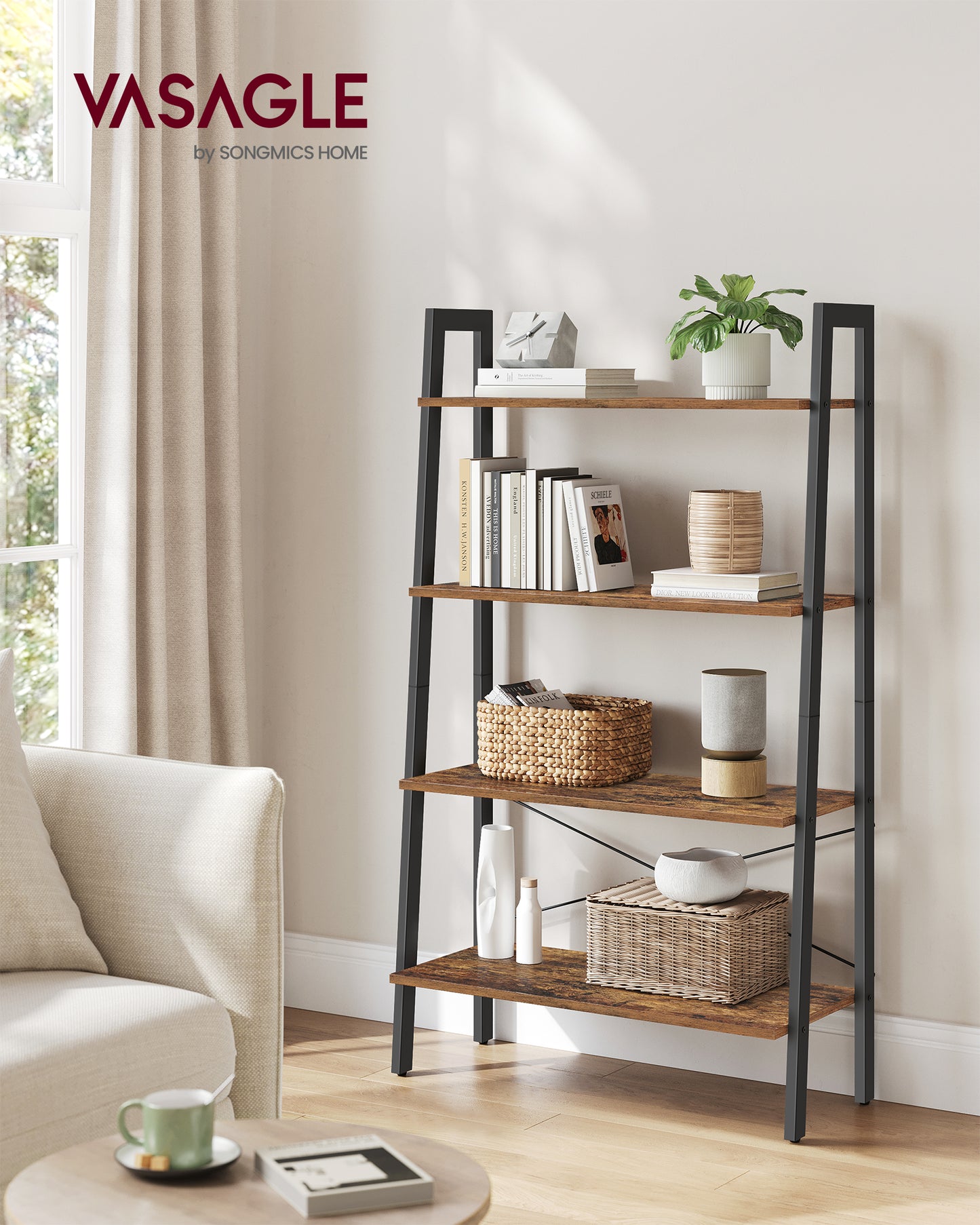 VASAGLE Ladder Shelf, 4-Tier Bookshelf, Storage Rack, Bookcase with Steel Frame, Industrial Style