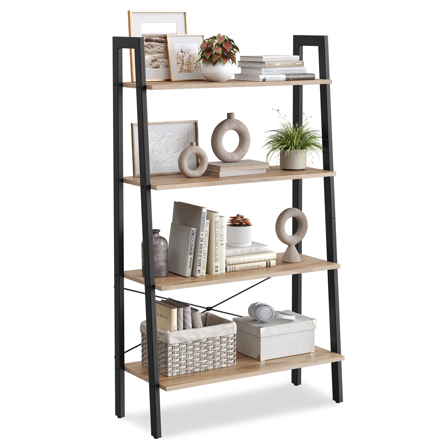 VASAGLE Ladder Shelf, 4-Tier Bookshelf, Storage Rack, Bookcase with Steel Frame, Industrial Style, Camel Brown and Black