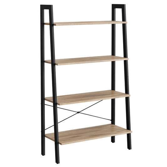 VASAGLE Ladder Shelf, 4-Tier Bookshelf, Storage Rack, Bookcase with Steel Frame, Industrial Style, Camel Brown and Black