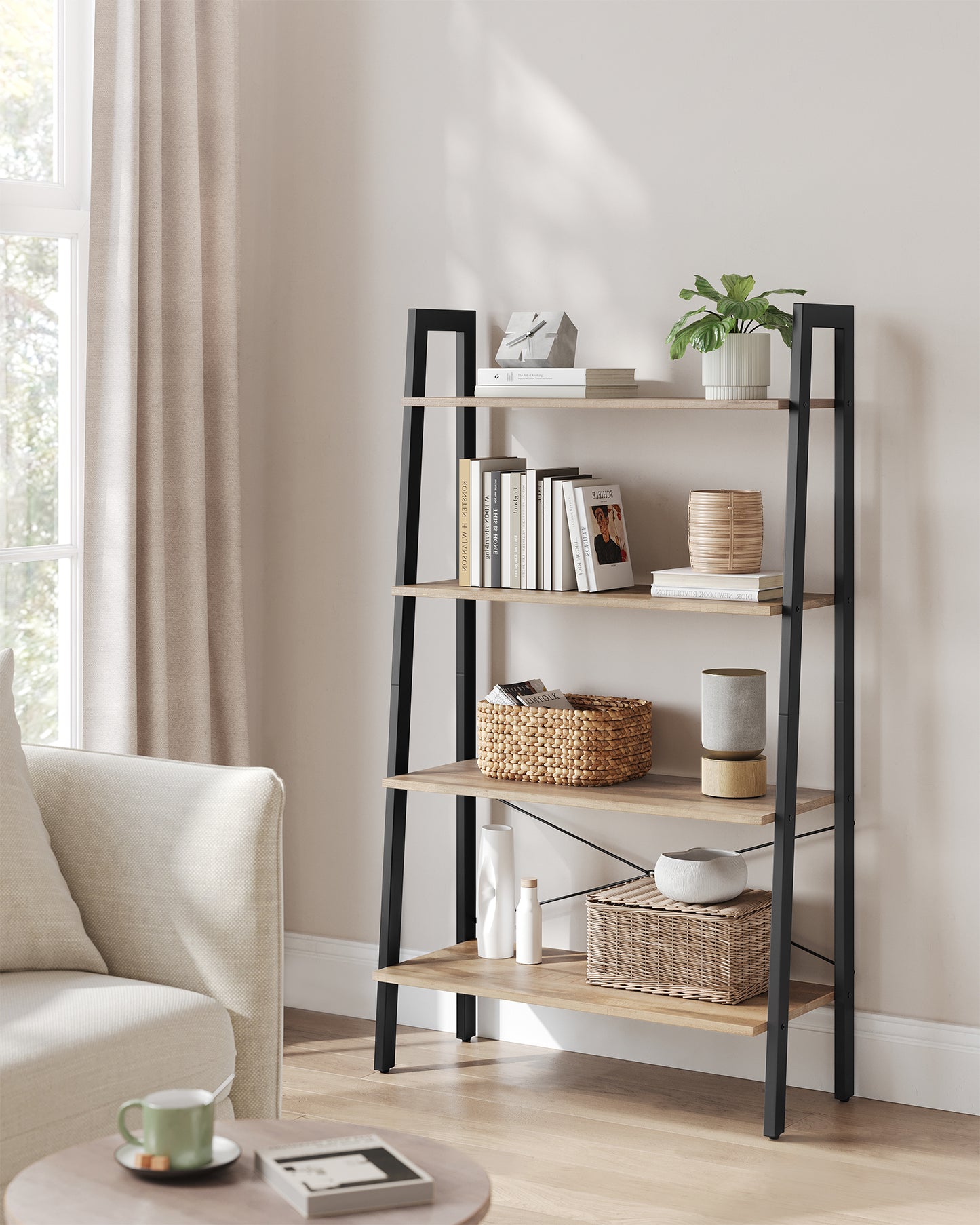 VASAGLE Ladder Shelf, 4-Tier Bookshelf, Storage Rack, Bookcase with Steel Frame, Industrial Style, Camel Brown and Black