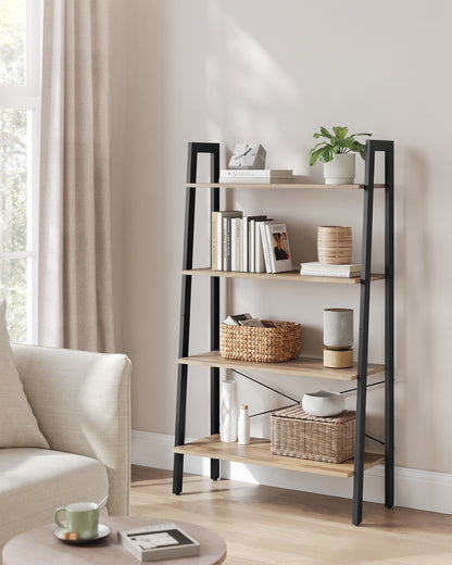VASAGLE Ladder Shelf, 4-Tier Bookshelf, Storage Rack, Bookcase with Steel Frame, Industrial Style, Camel Brown and Black