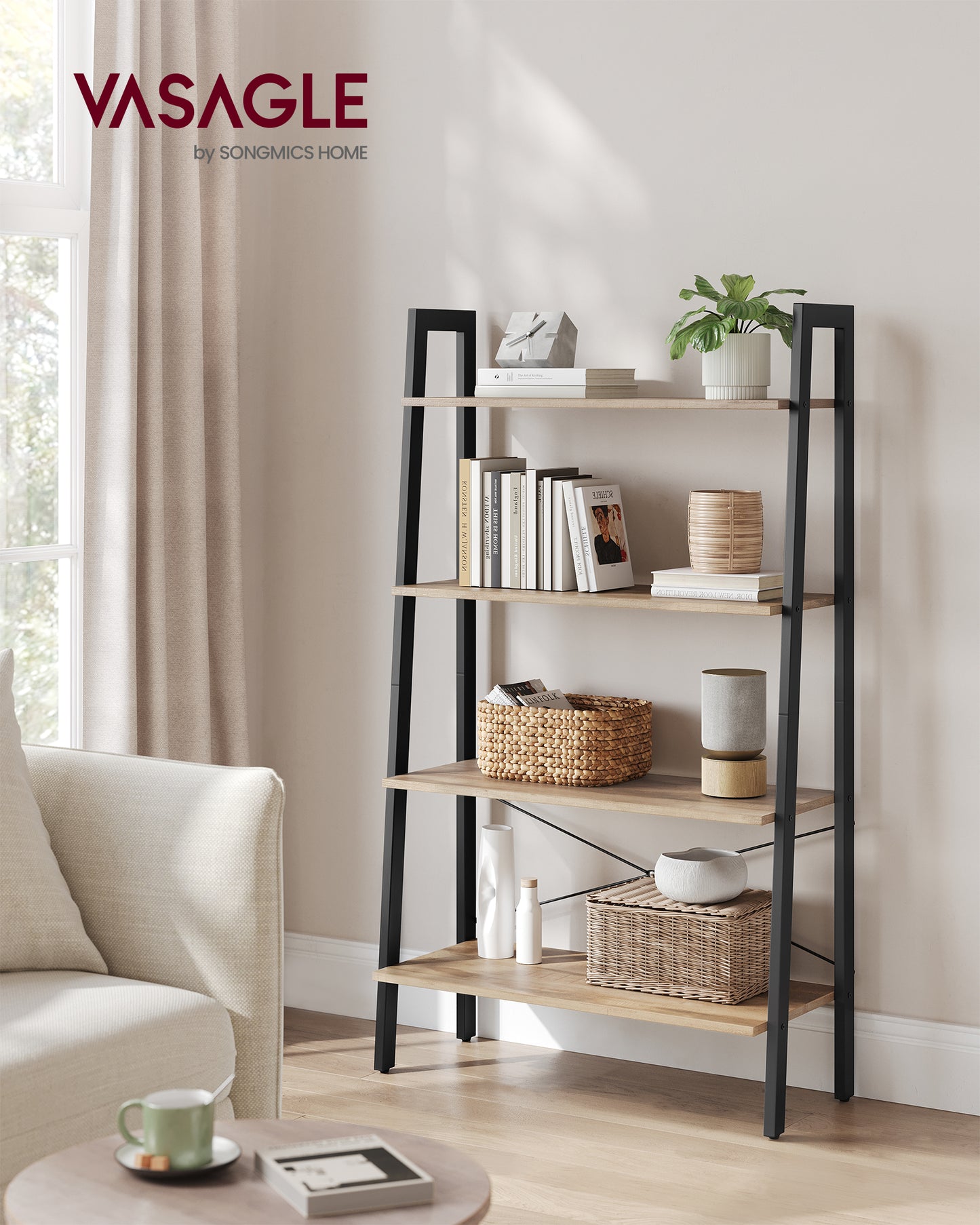 VASAGLE Ladder Shelf, 4-Tier Bookshelf, Storage Rack, Bookcase with Steel Frame, Industrial Style, Camel Brown and Black